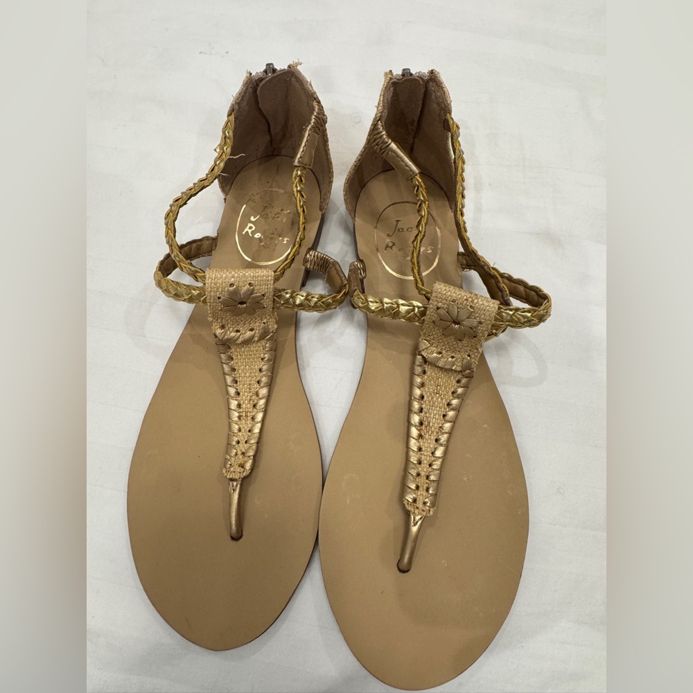 NWOT Jack Rogers Gold and Tan Braided T Strap Sandals 7.5